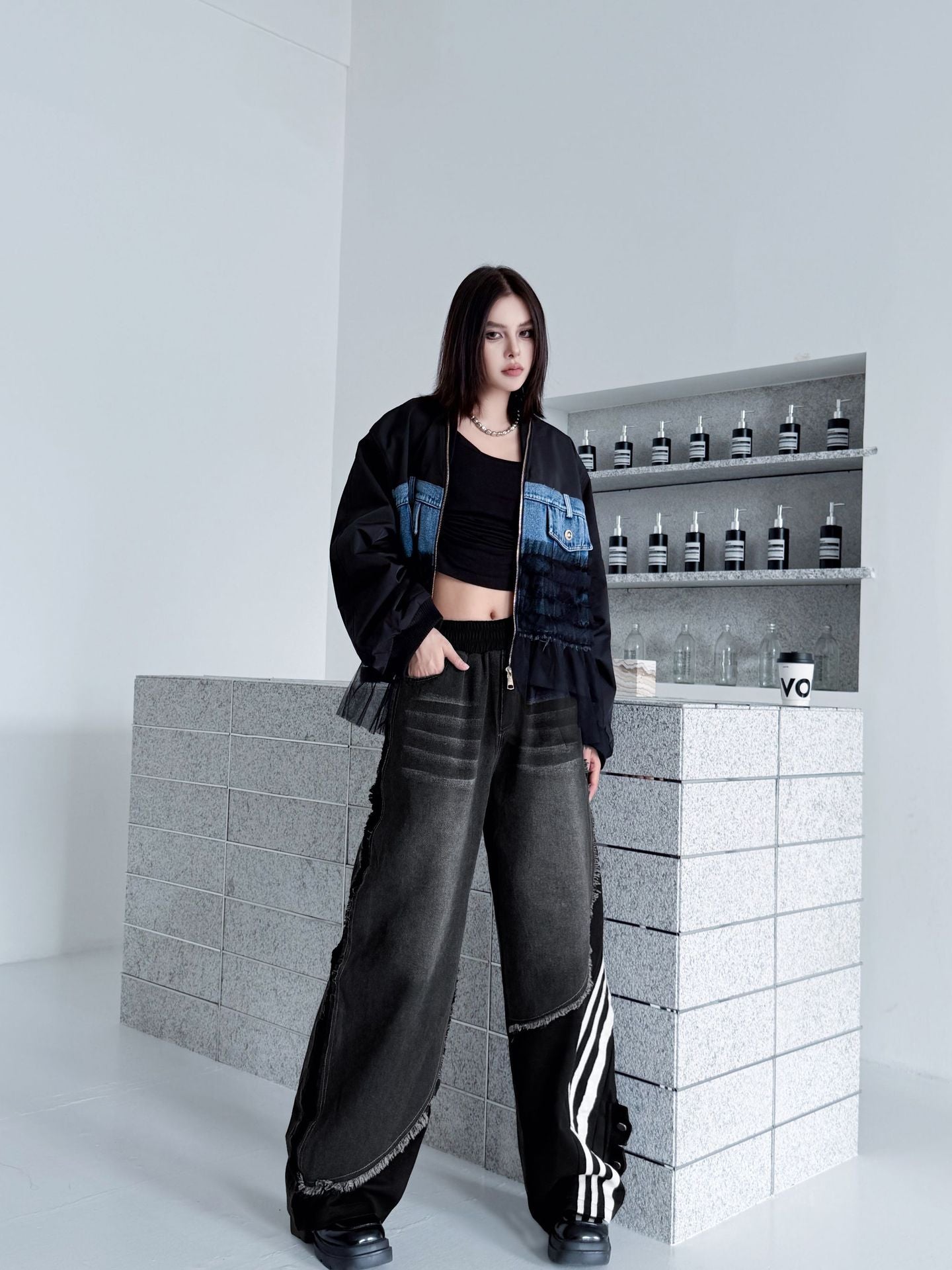 レイヤードデニムワイドパンツ