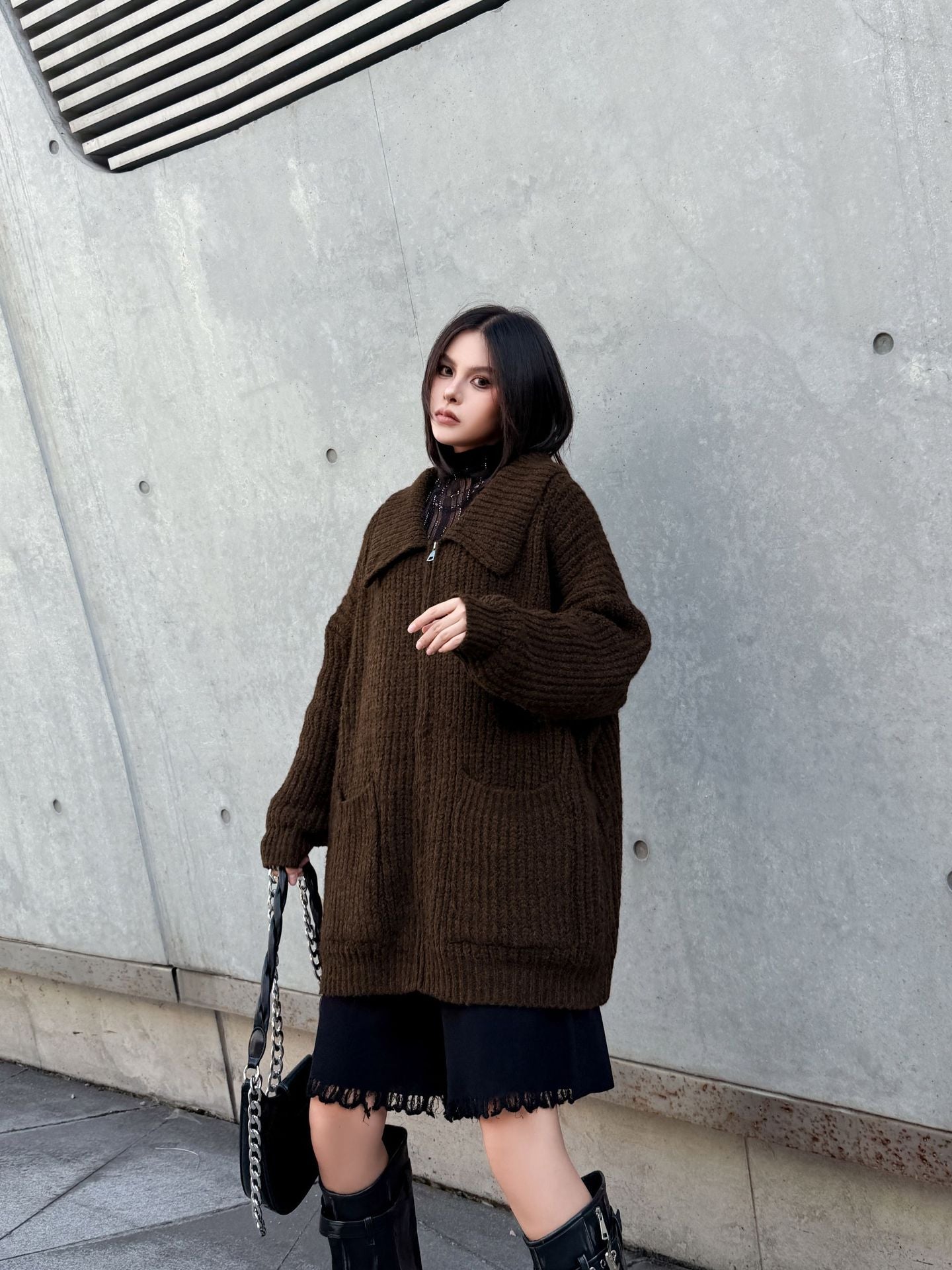 ジップアップリブカラーカーディガン