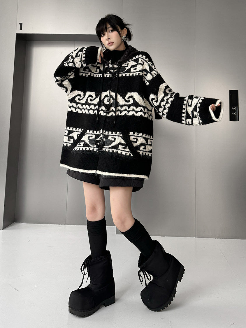 ジオパターンニットフードカーディガン