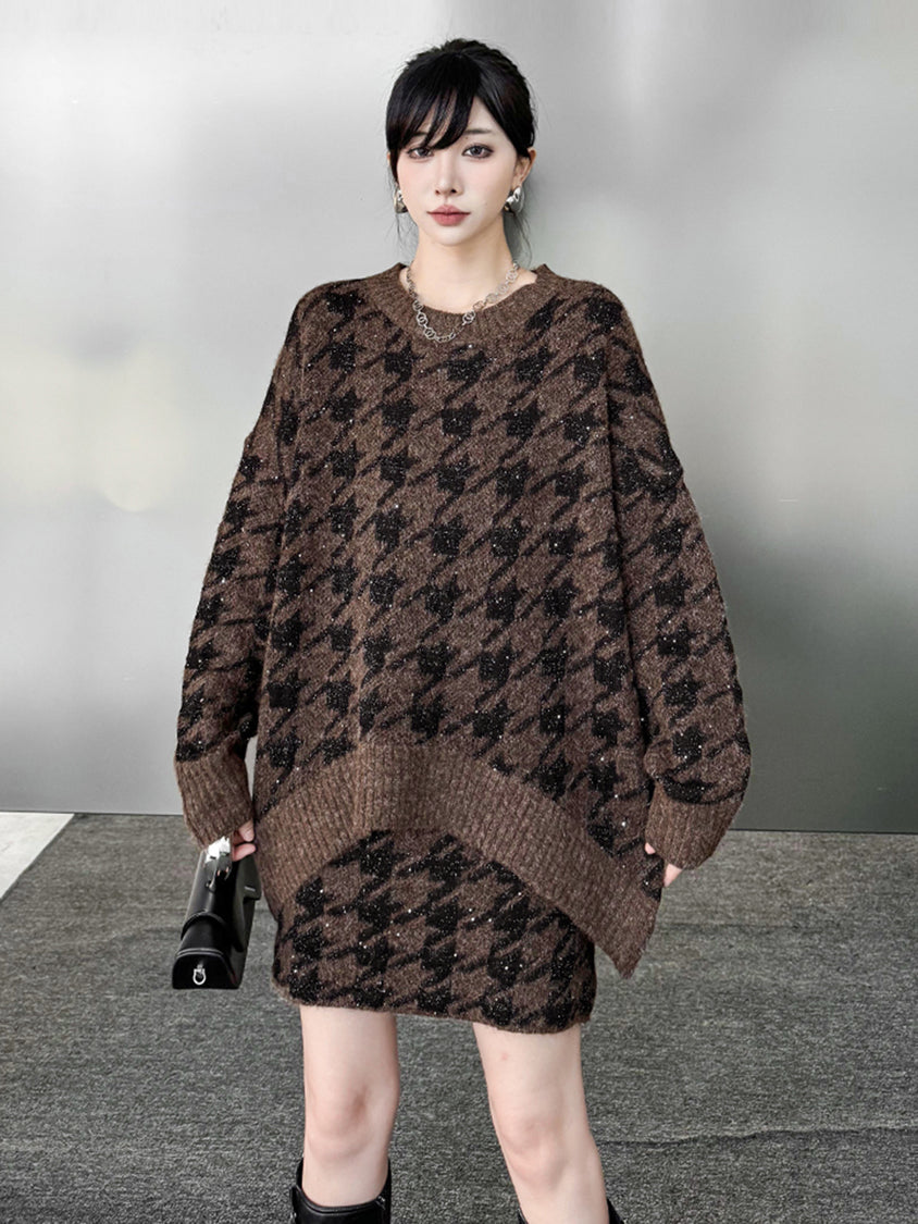 ハウンドトゥースニットトップス＆スカート