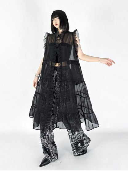 Frill sheer tiered long dress 