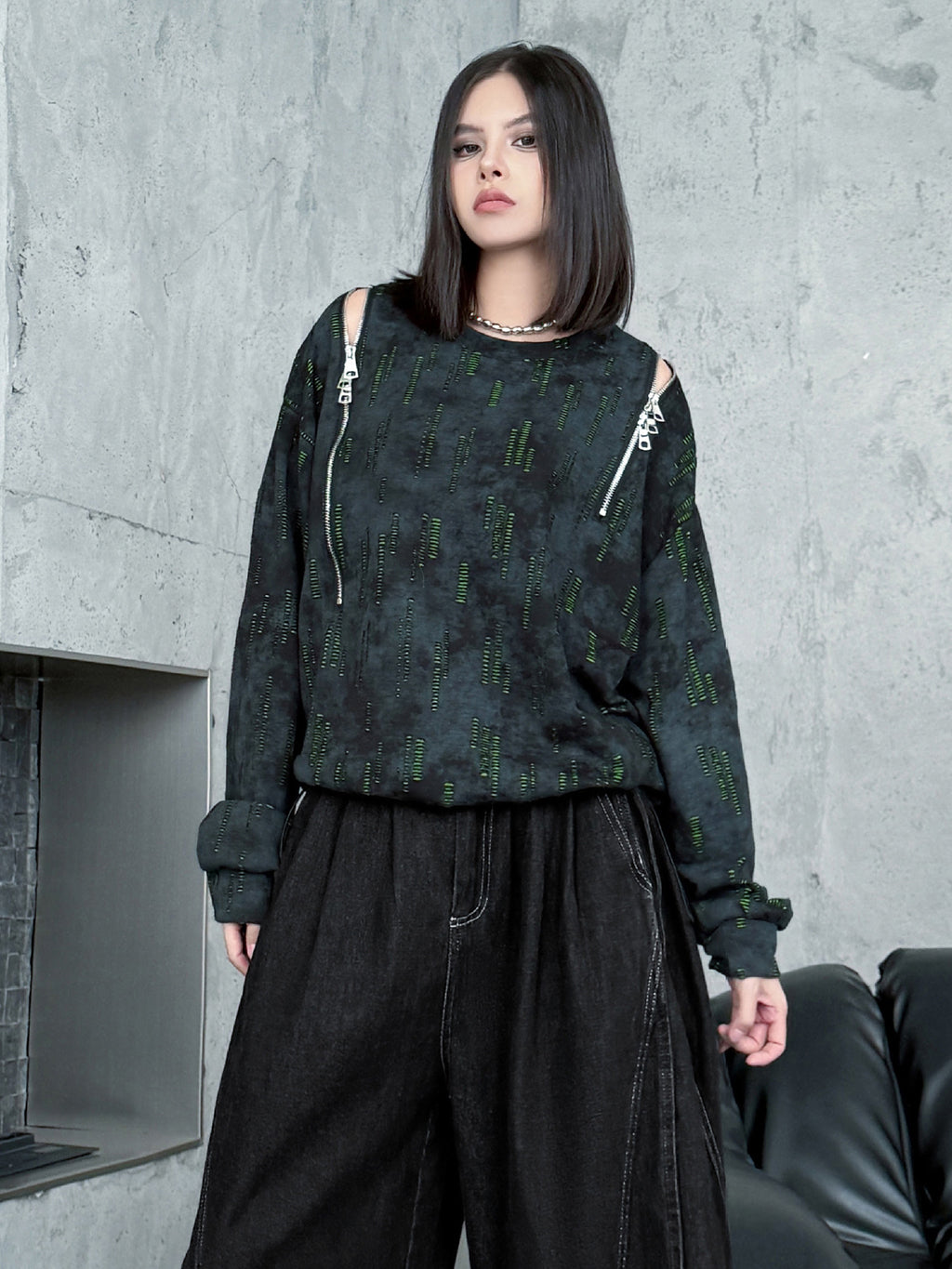 ジップショルダープリントトップス