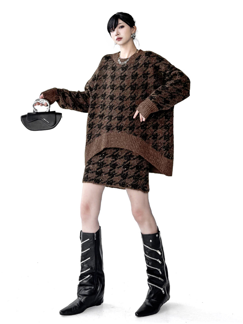 ハウンドトゥースニットトップス＆スカート