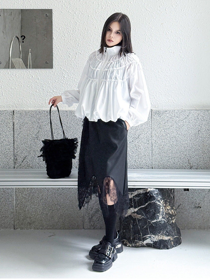 シャーリングスタンドカラーブラウス