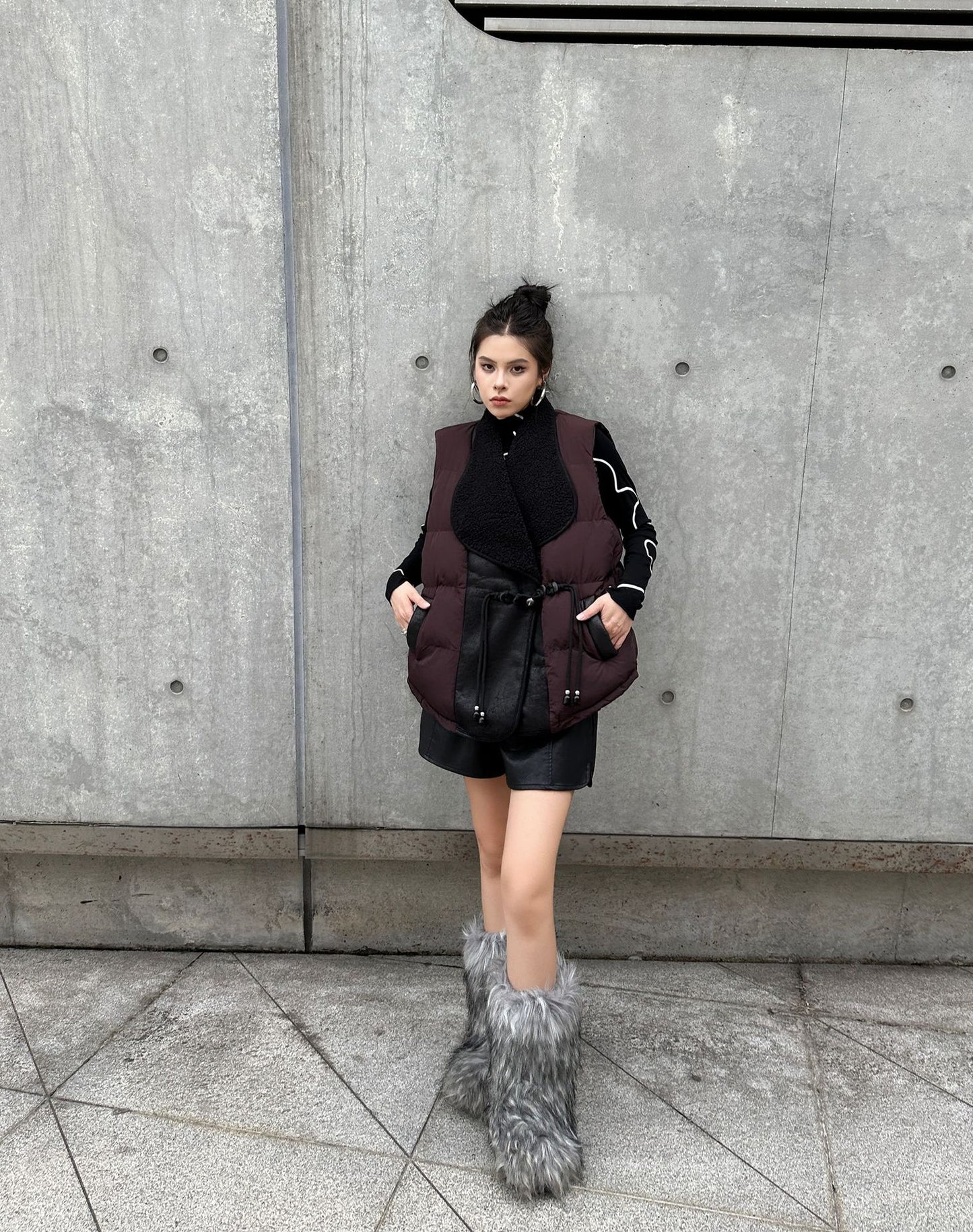 シープカラーブロックダウンベスト