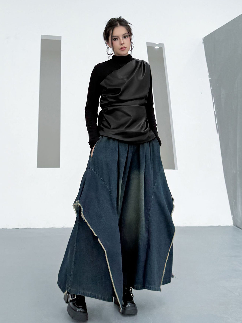 Scarf tie blouse and denim pants series 