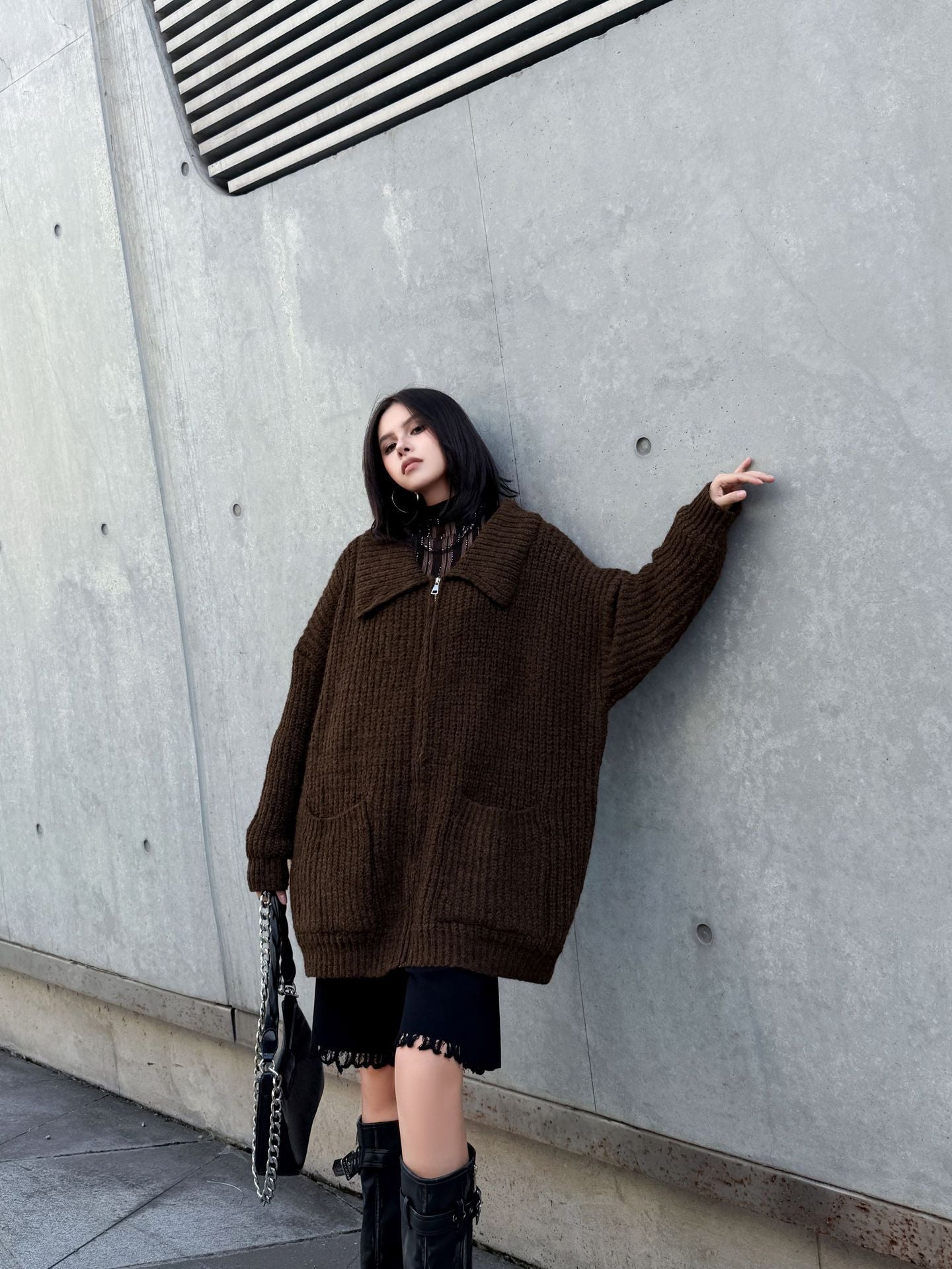 ジップアップリブカラーカーディガン