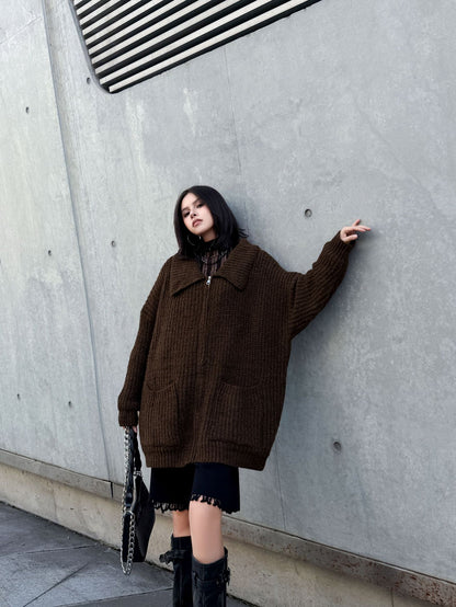 ジップアップリブカラーカーディガン