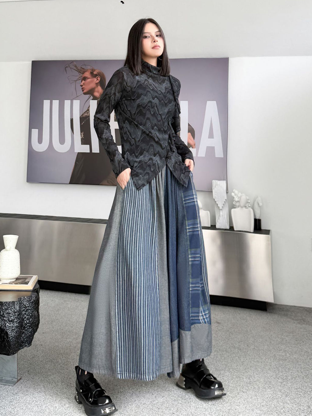 Scarf tie blouse and denim pants series 