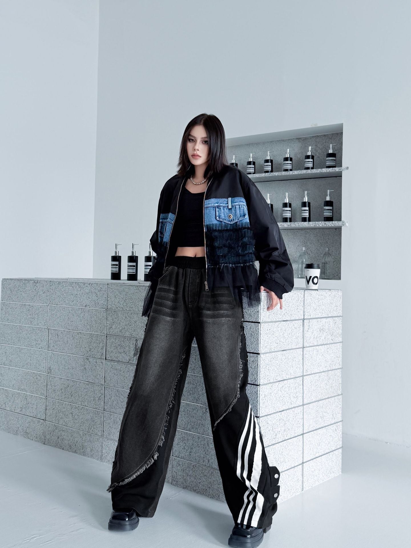 レイヤードデニムワイドパンツ