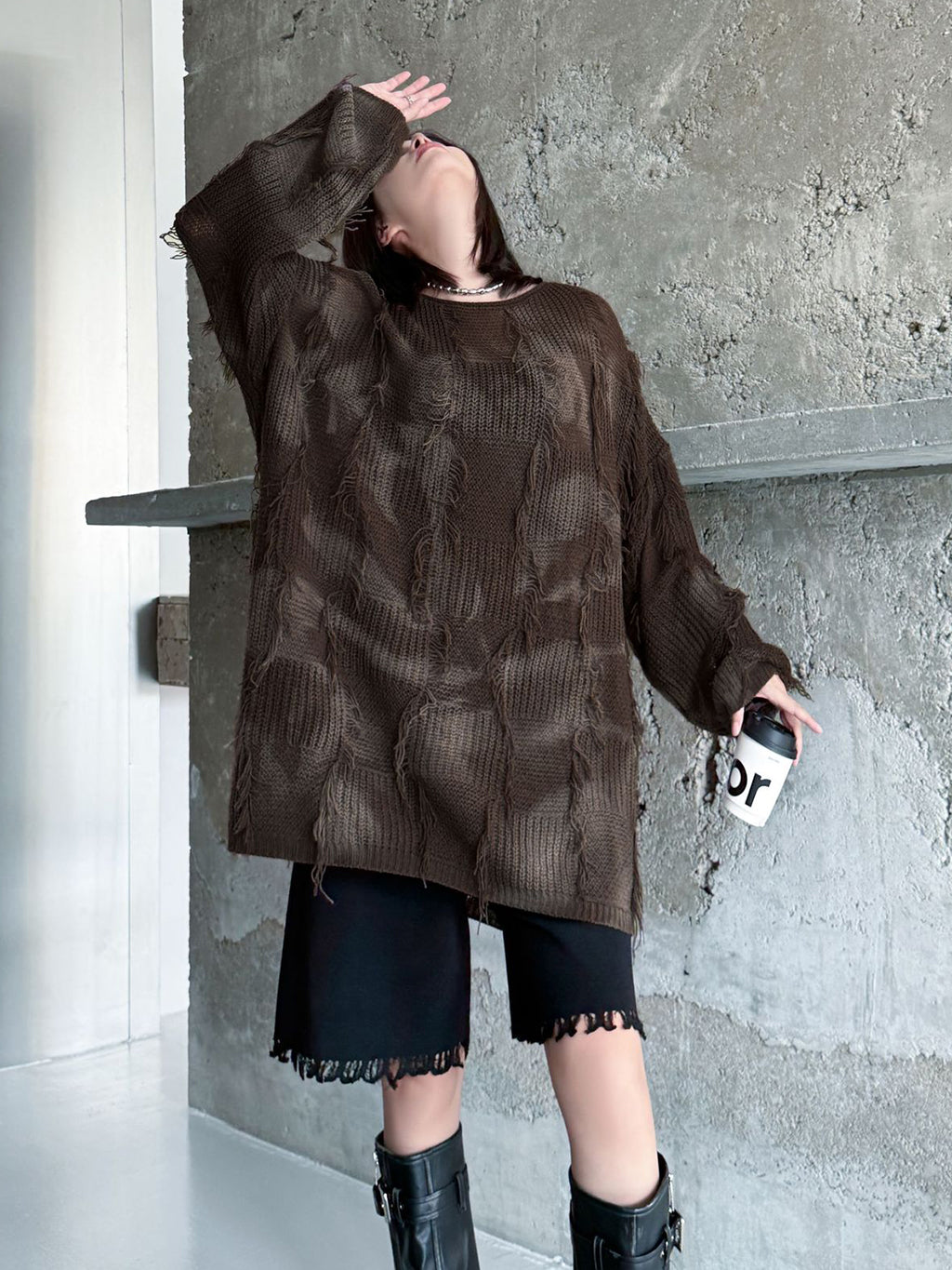 ディストレストチェックニットトップス