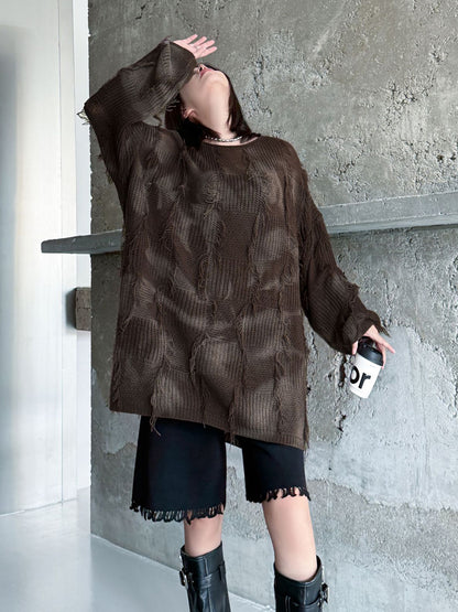 ディストレストチェックニットトップス