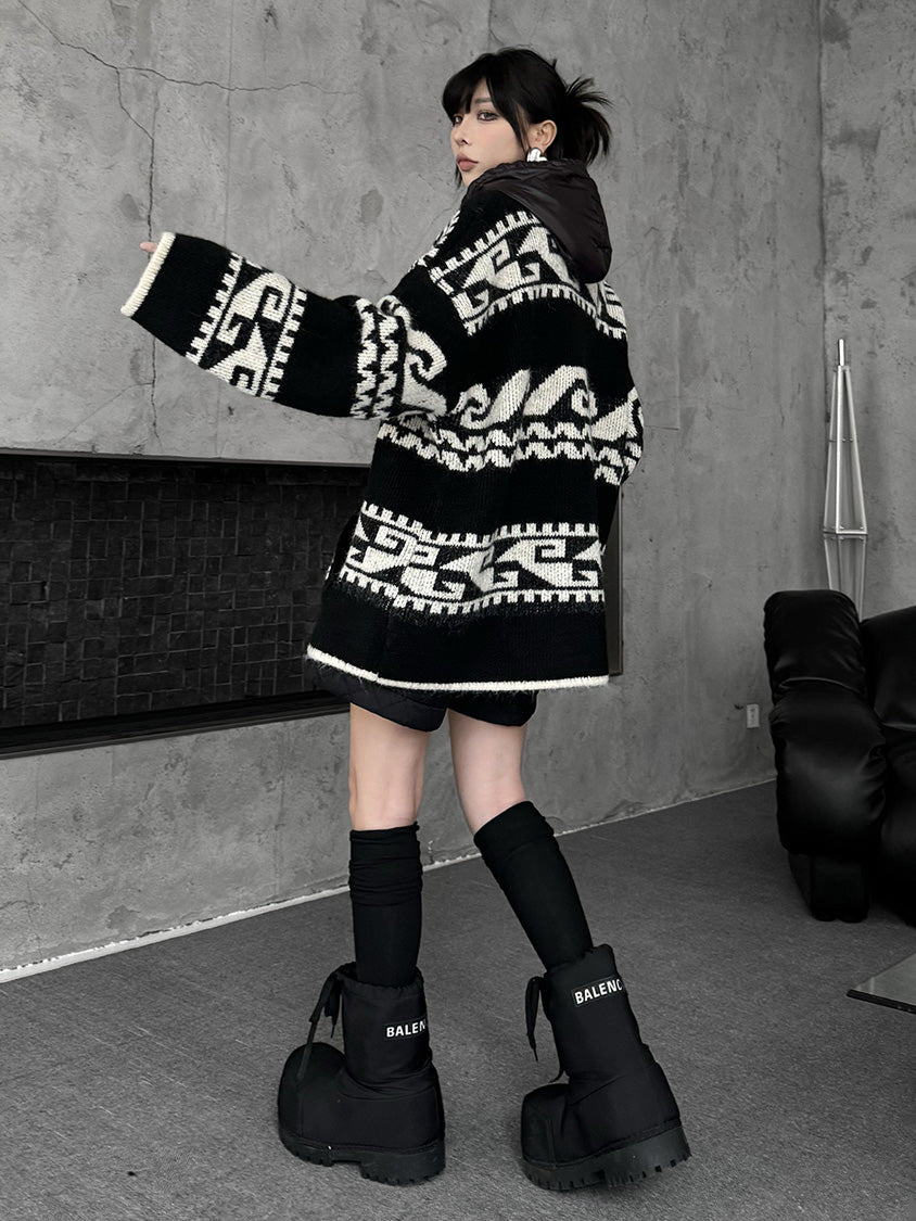 ジオパターンニットフードカーディガン