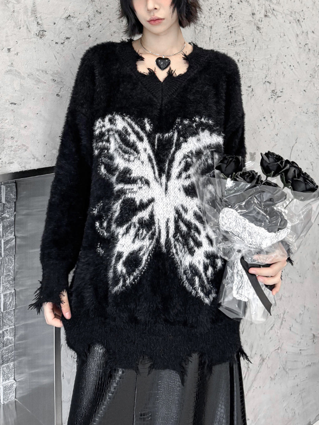 バタフライフェザーニットトップス