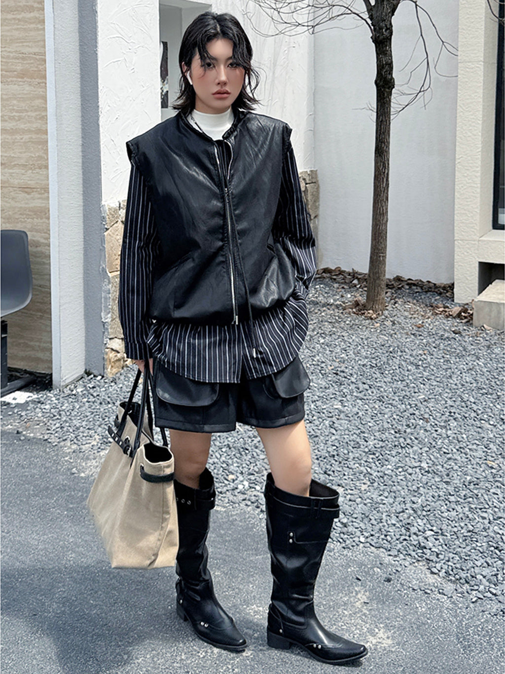 ジップストレイヤードストライプブラウス