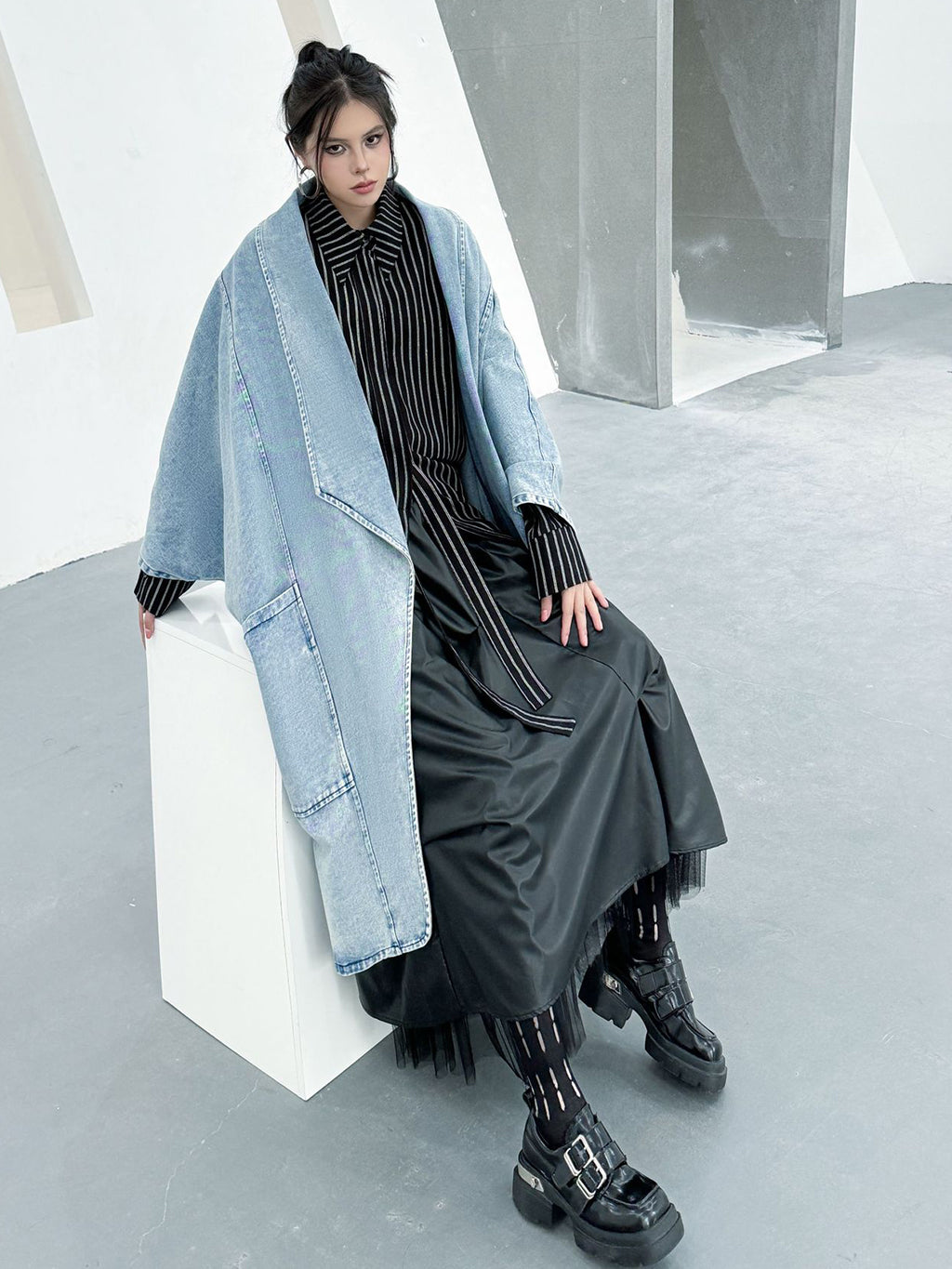 Scarf tie blouse and denim pants series 