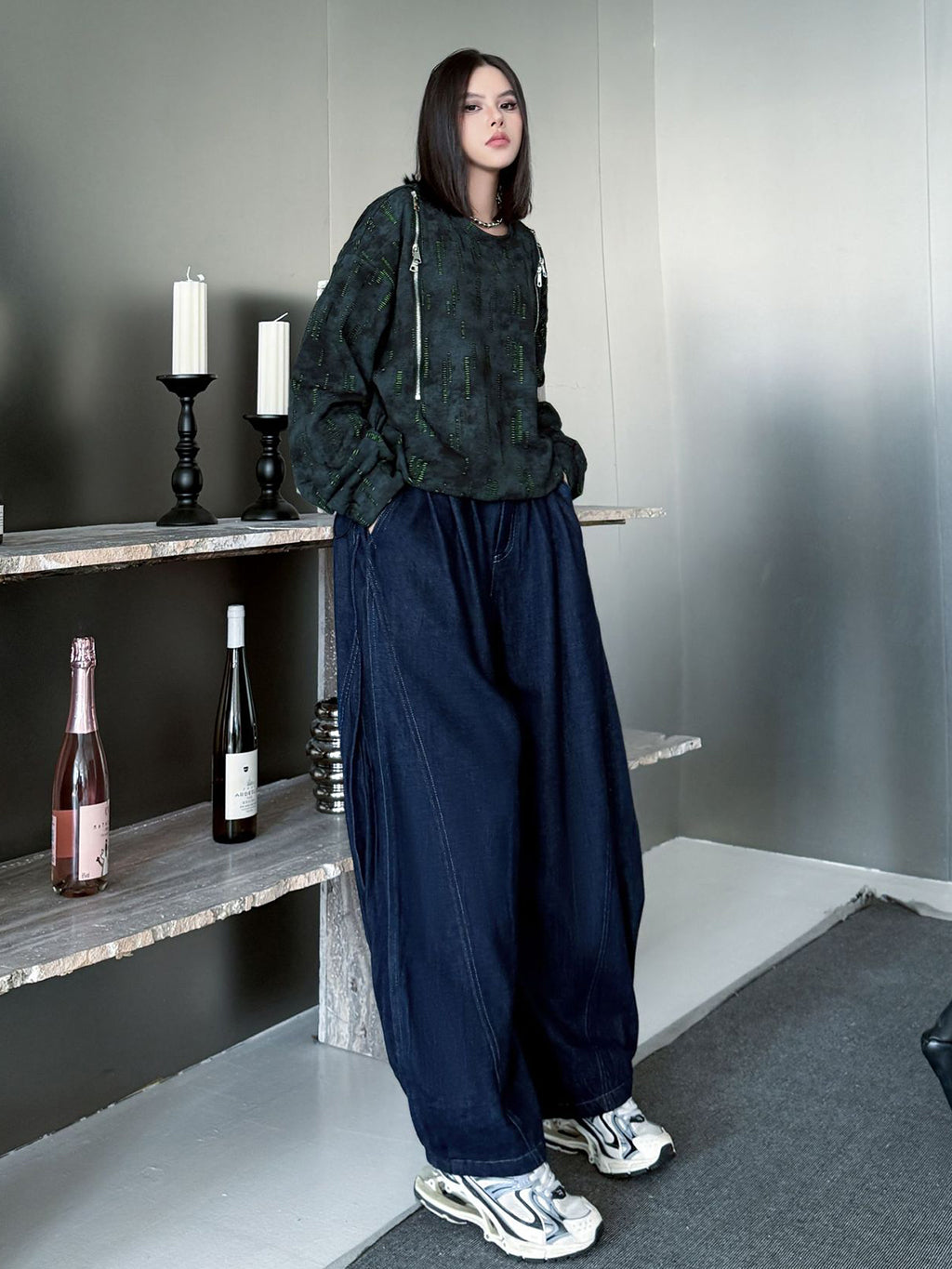 ウォッシュデニムワイドパンツ