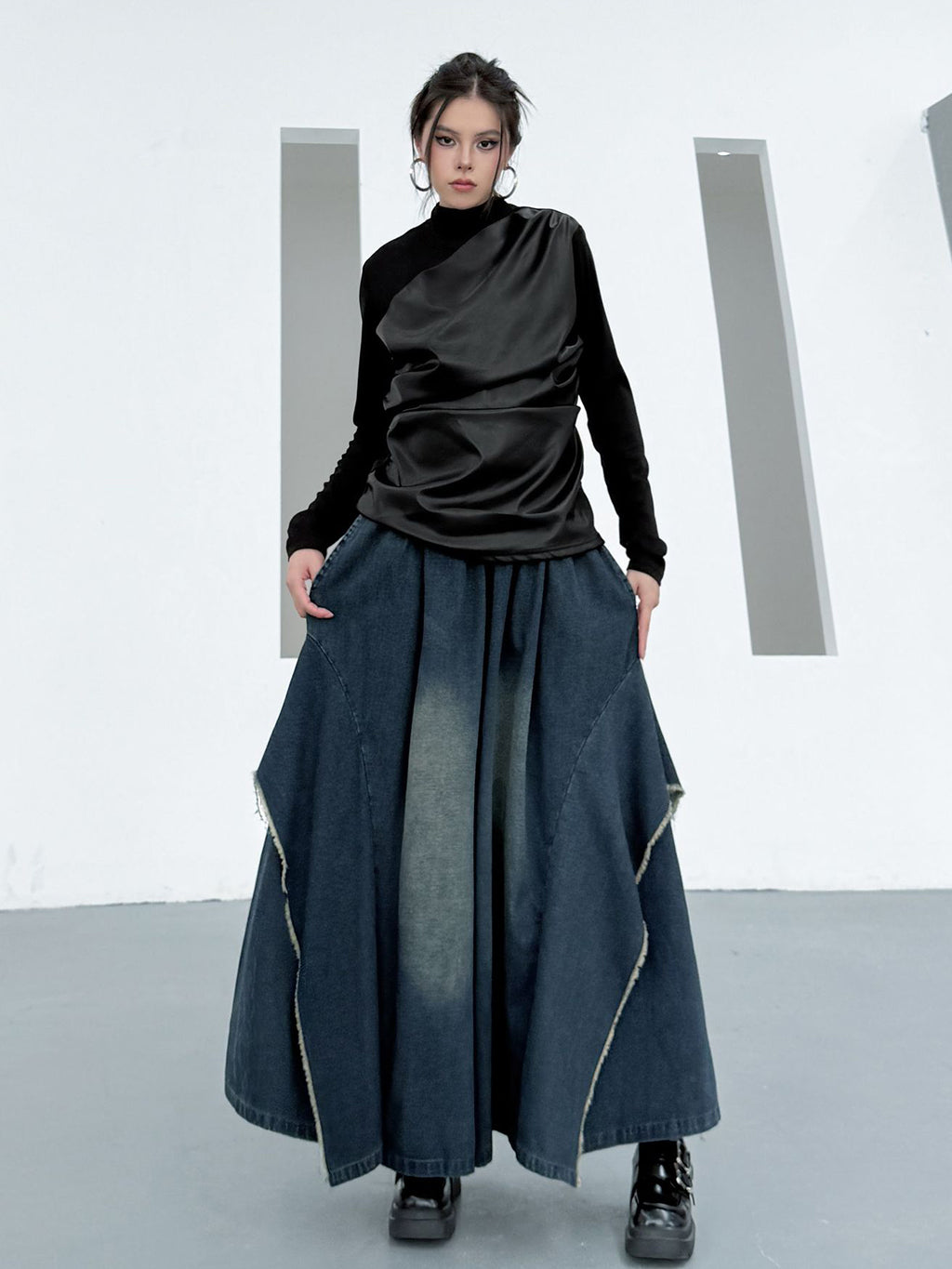 Scarf tie blouse and denim pants series 