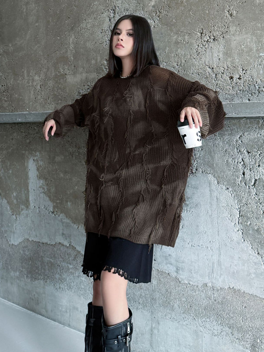 ディストレストチェックニットトップス