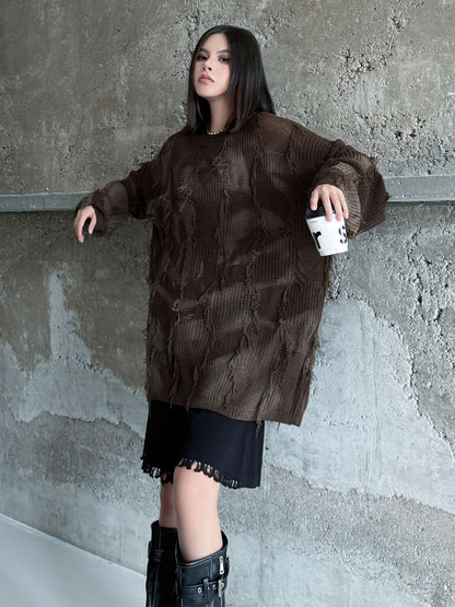 ディストレストチェックニットトップス