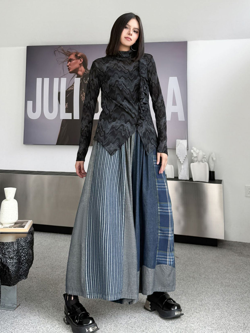 Scarf tie blouse and denim pants series 