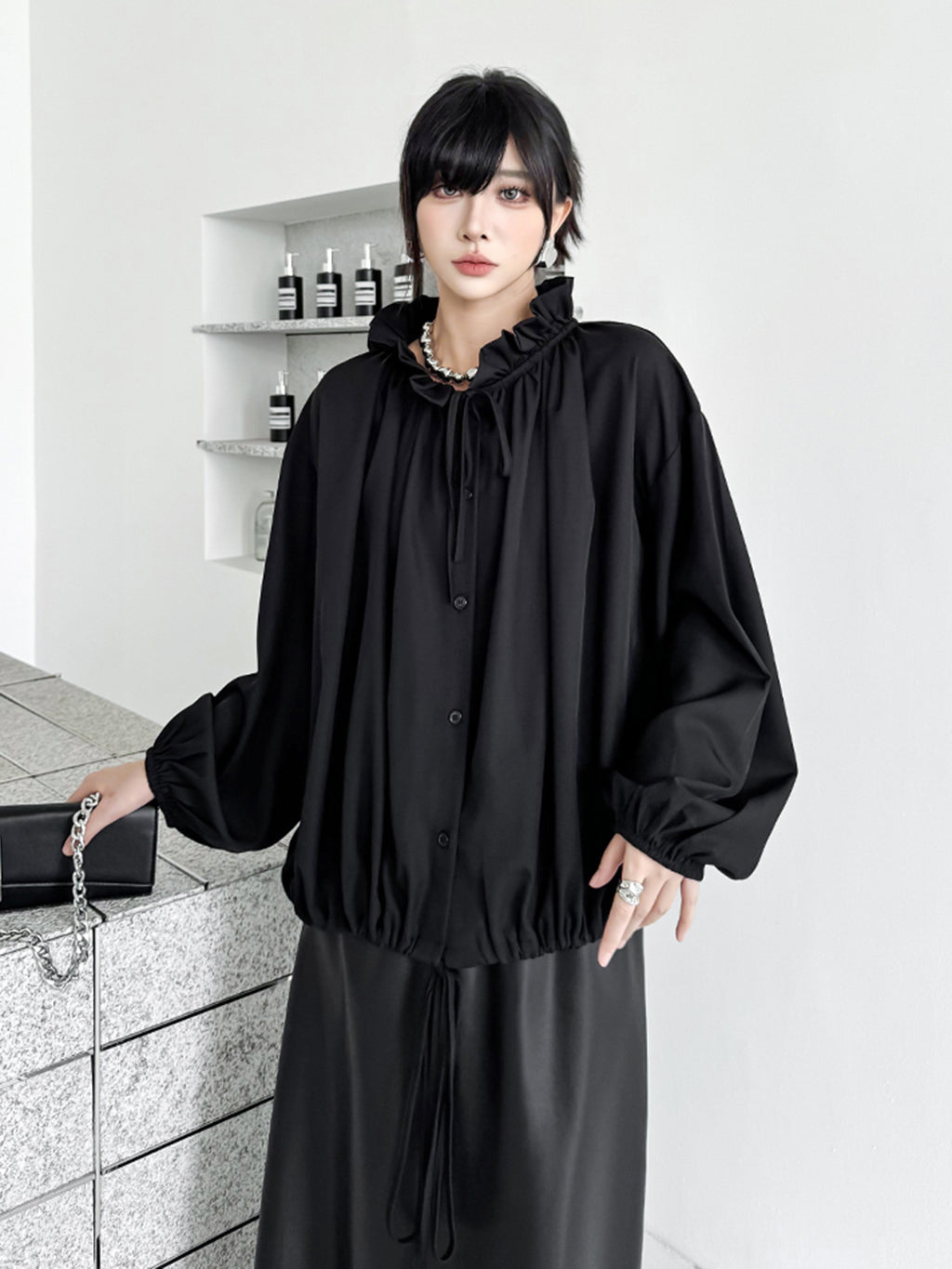 Scarf tie blouse and denim pants series 