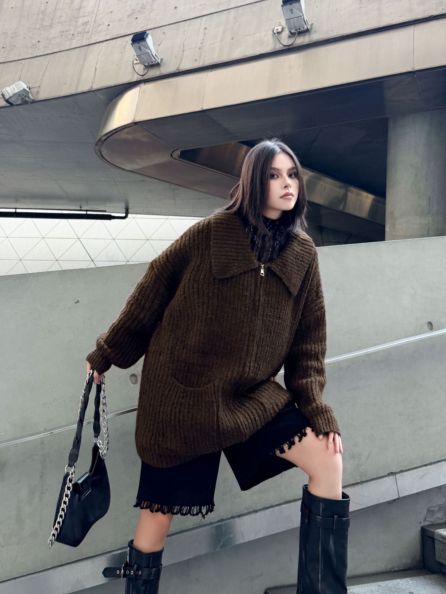 ジップアップリブカラーカーディガン