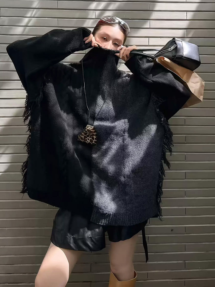 フリンジハイネックニットセーター