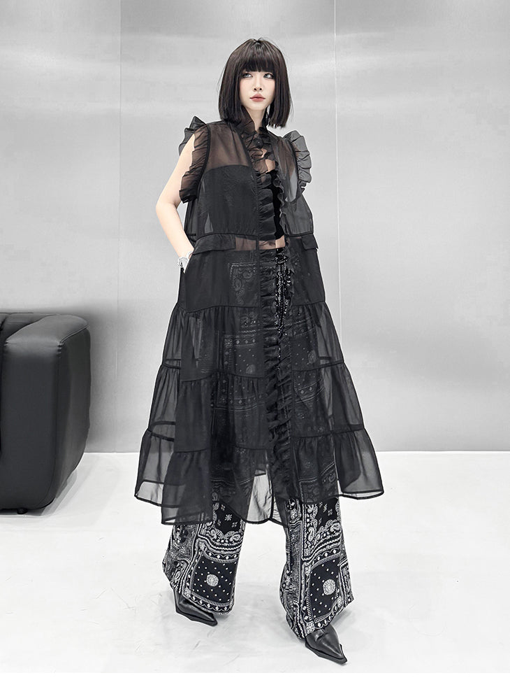 Frill sheer tiered long dress 