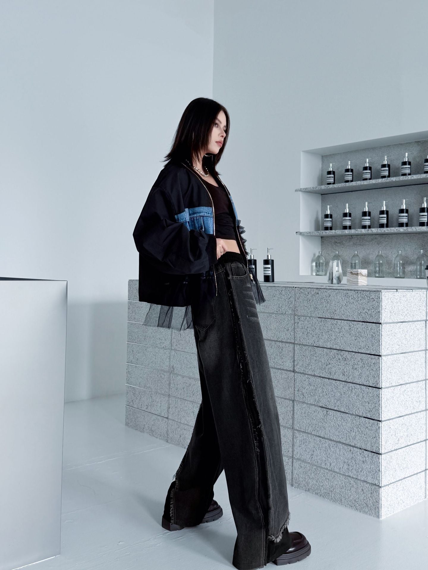 レイヤードデニムワイドパンツ