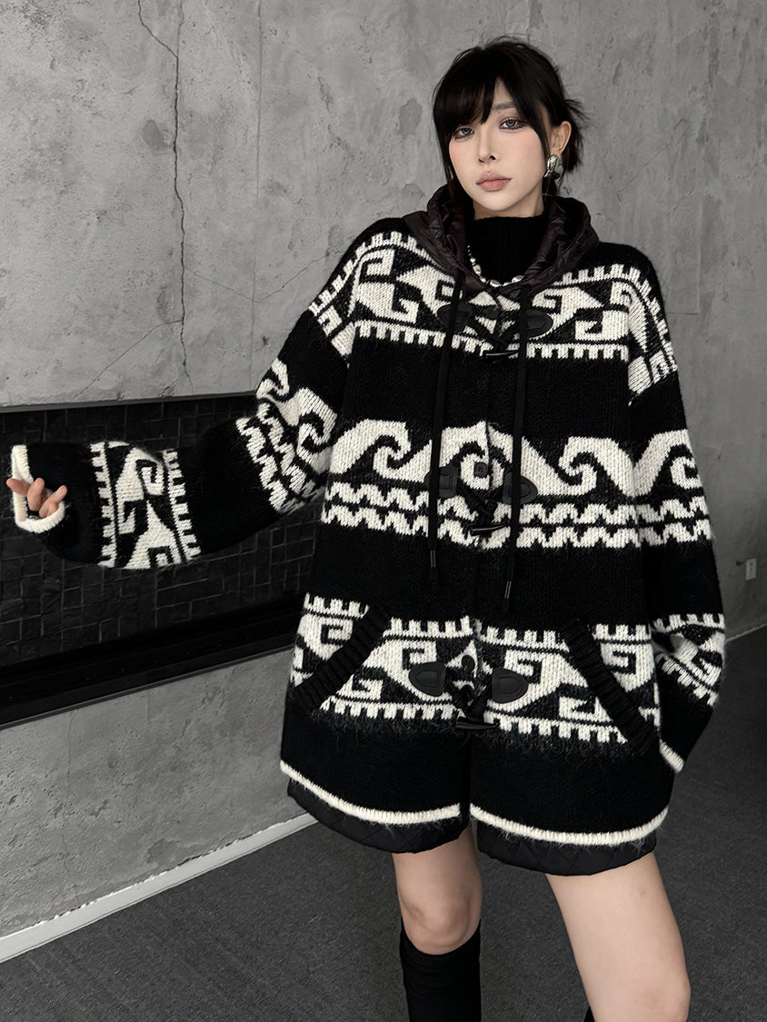 ジオパターンニットフードカーディガン