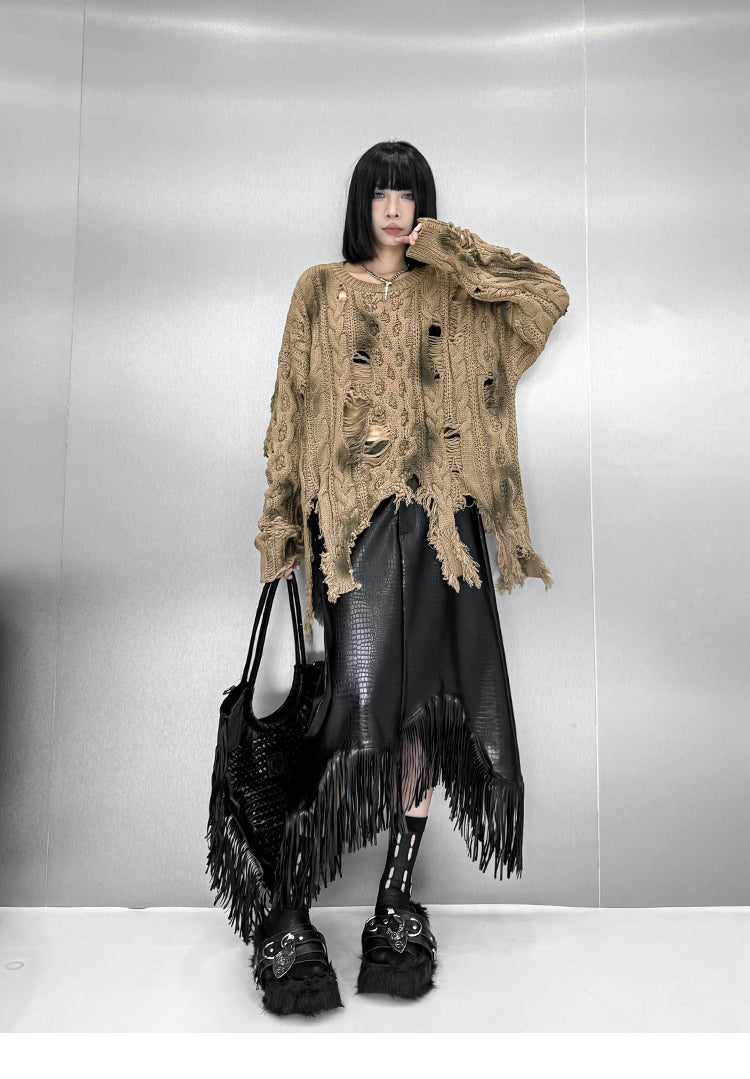 ディストレストケーブルニットトップ