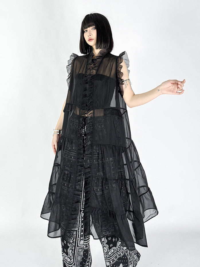 Frill sheer tiered long dress 