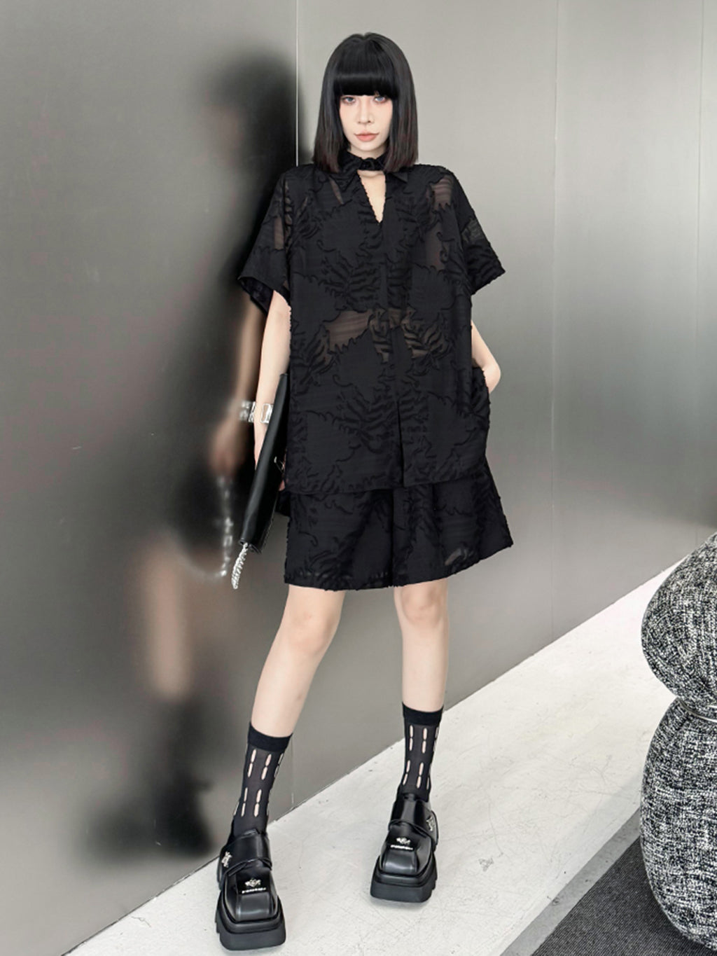 Sheer jacquard shirt and shorts 