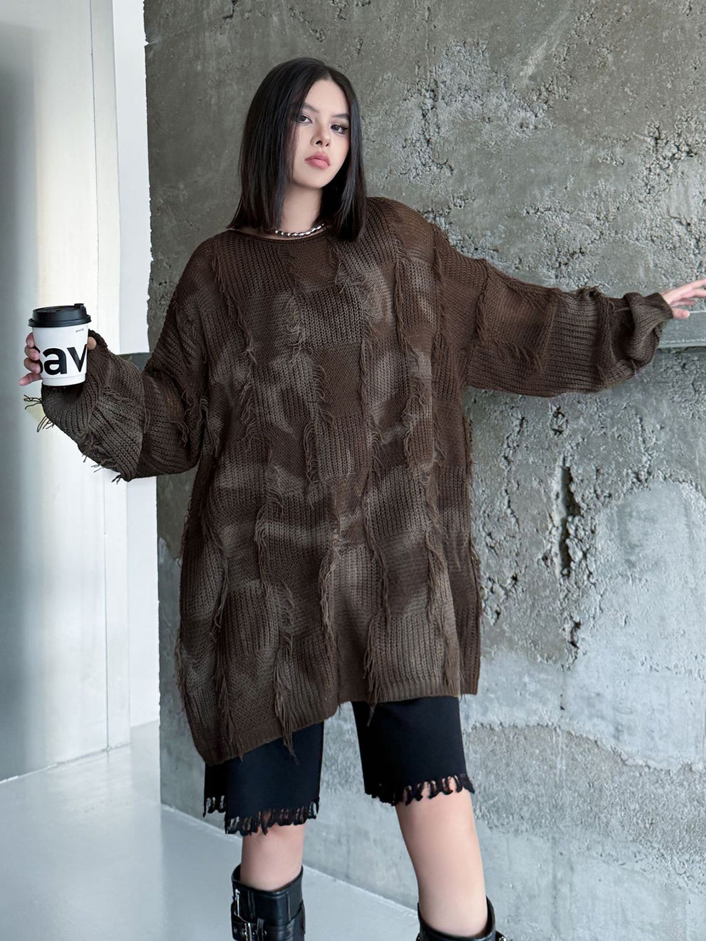 ディストレストチェックニットトップス