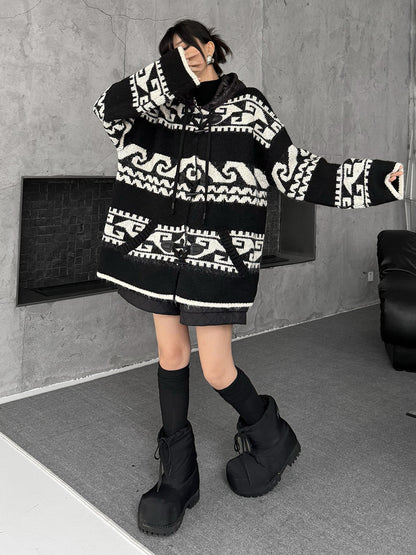 ジオパターンニットフードカーディガン