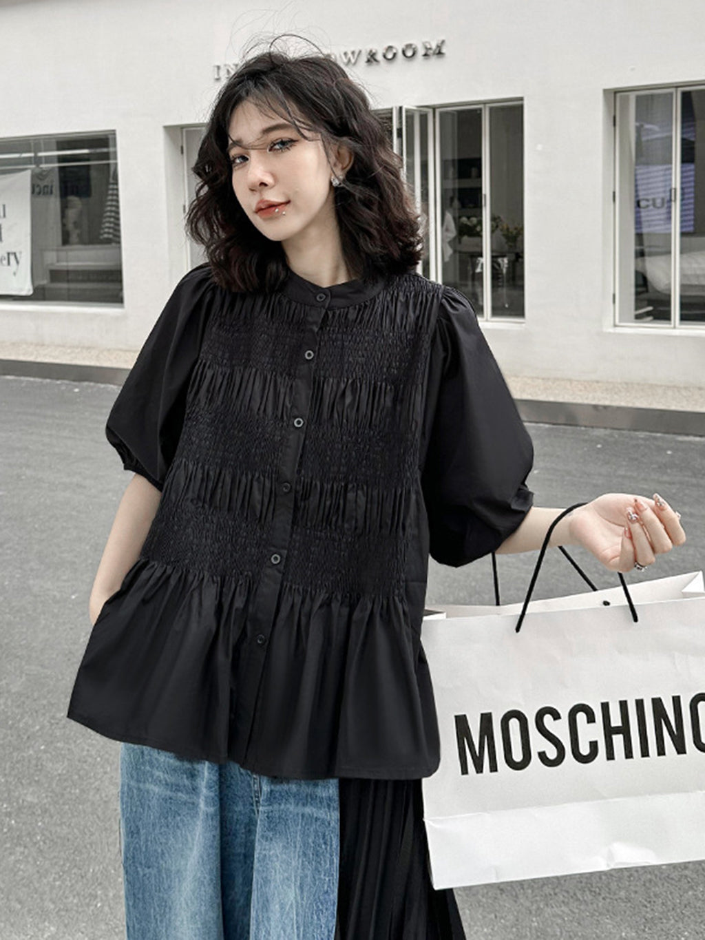Shirred volume sleeve blouse 