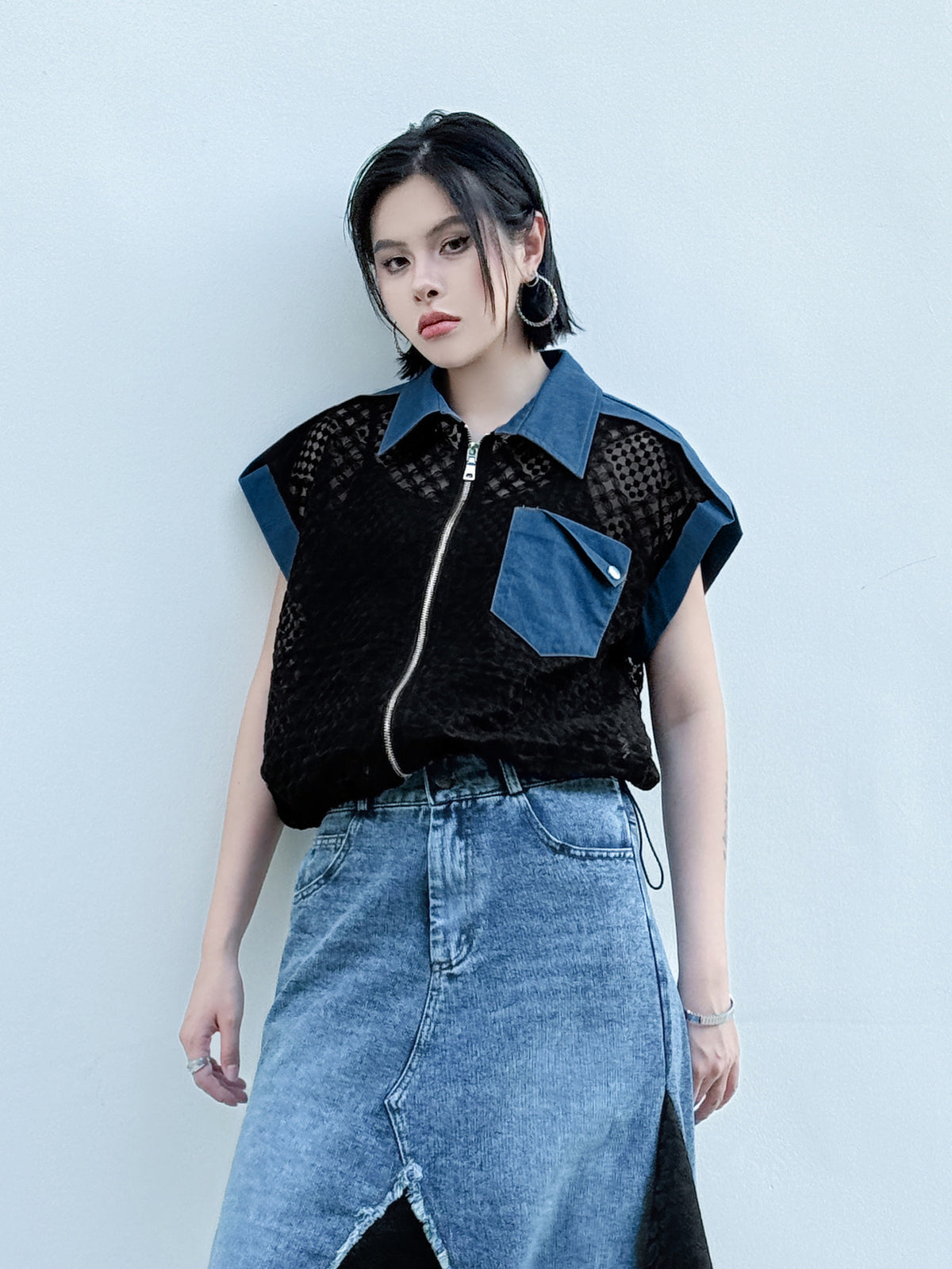 Scarf tie blouse and denim pants series 