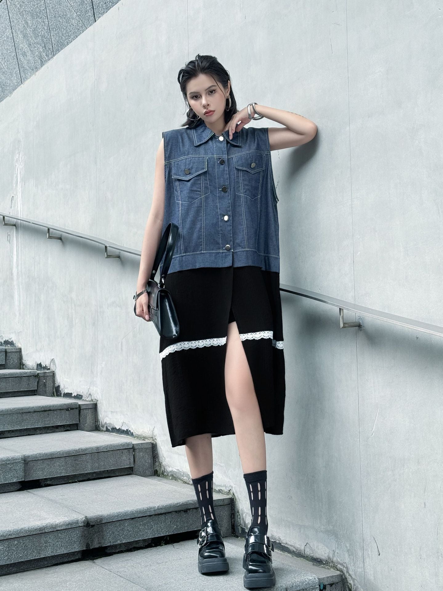 Scarf tie blouse and denim pants series 