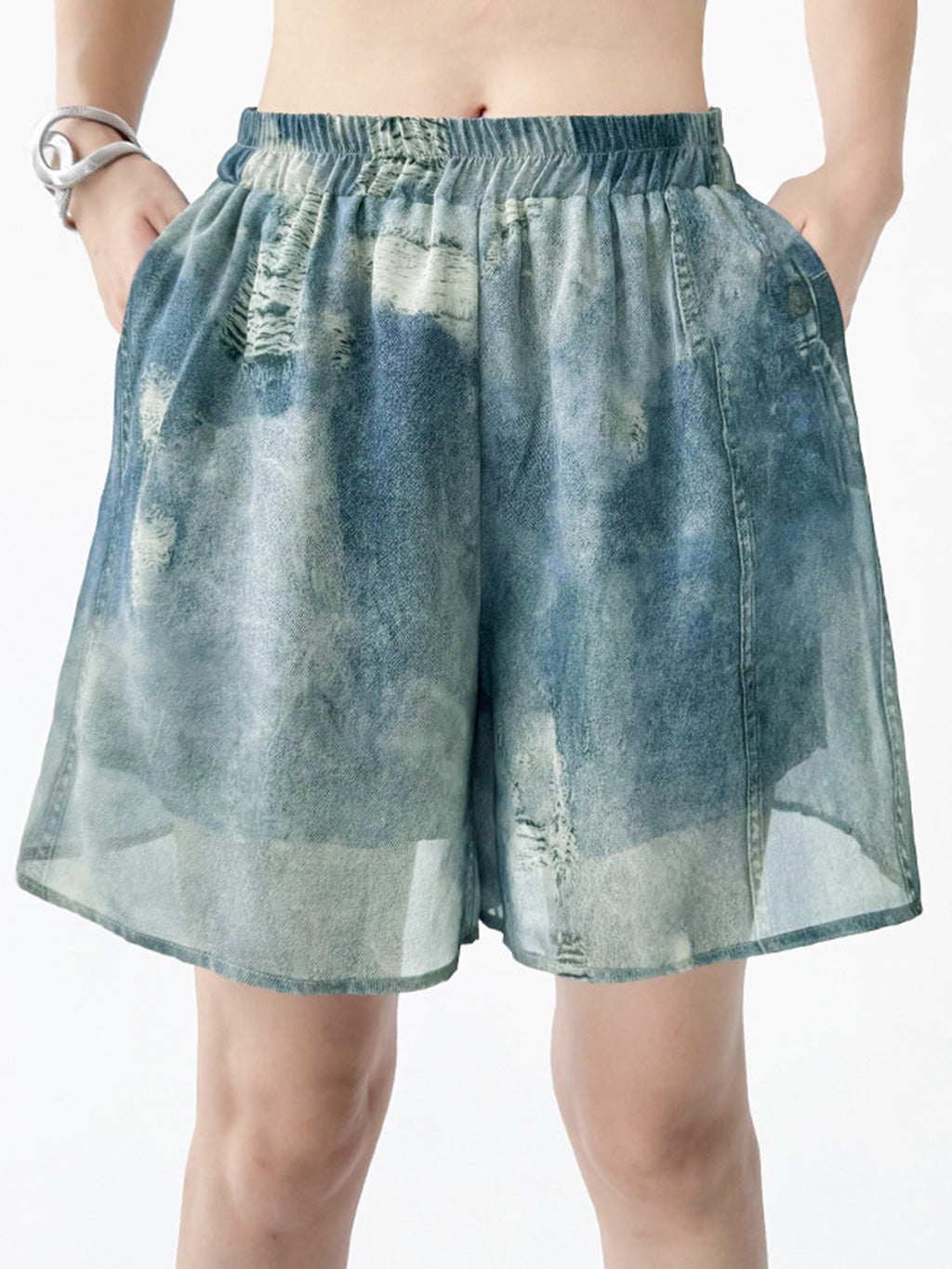 Sheer denim print blouse and shorts 