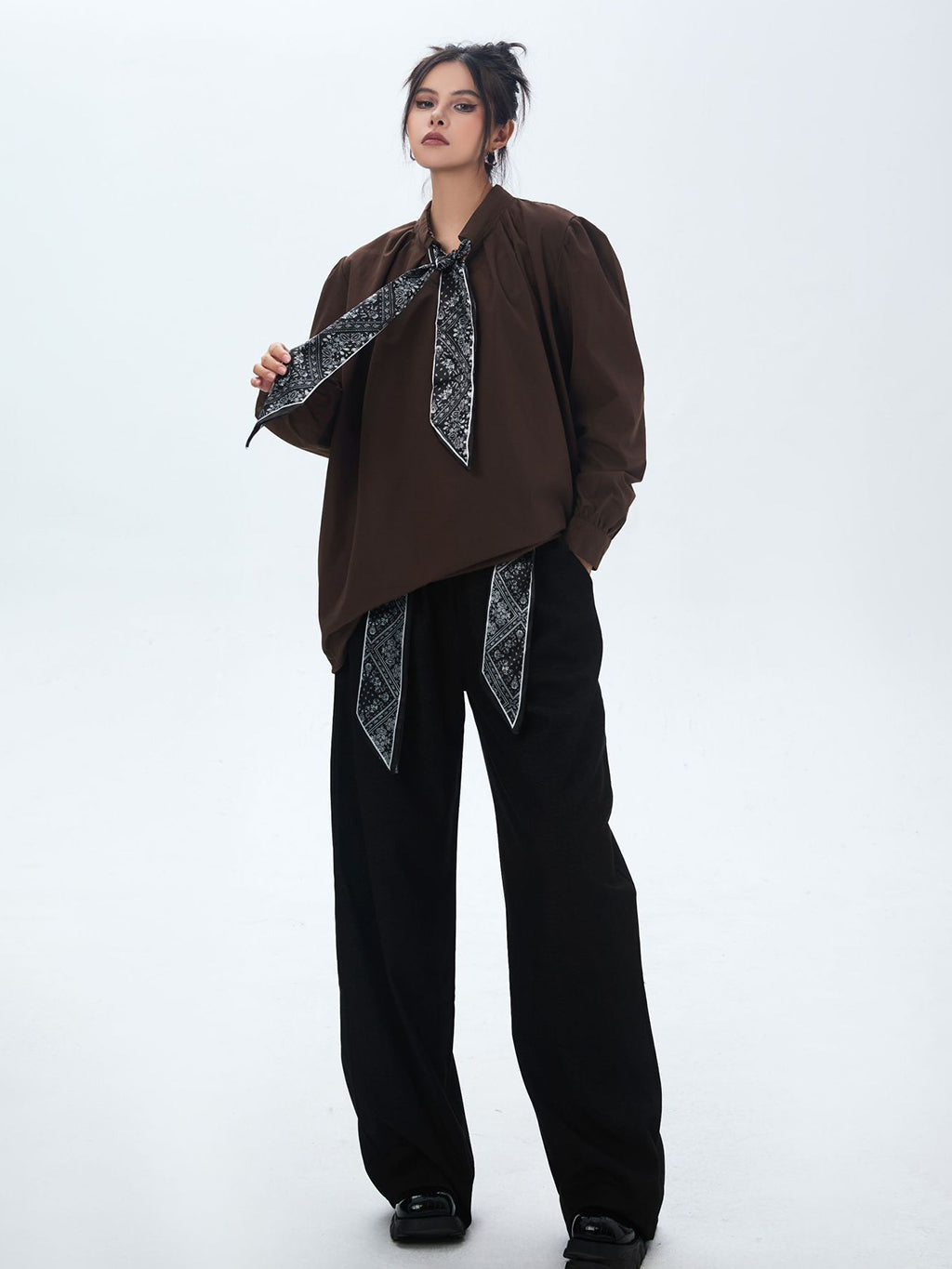 Scarf tie blouse and denim pants series 