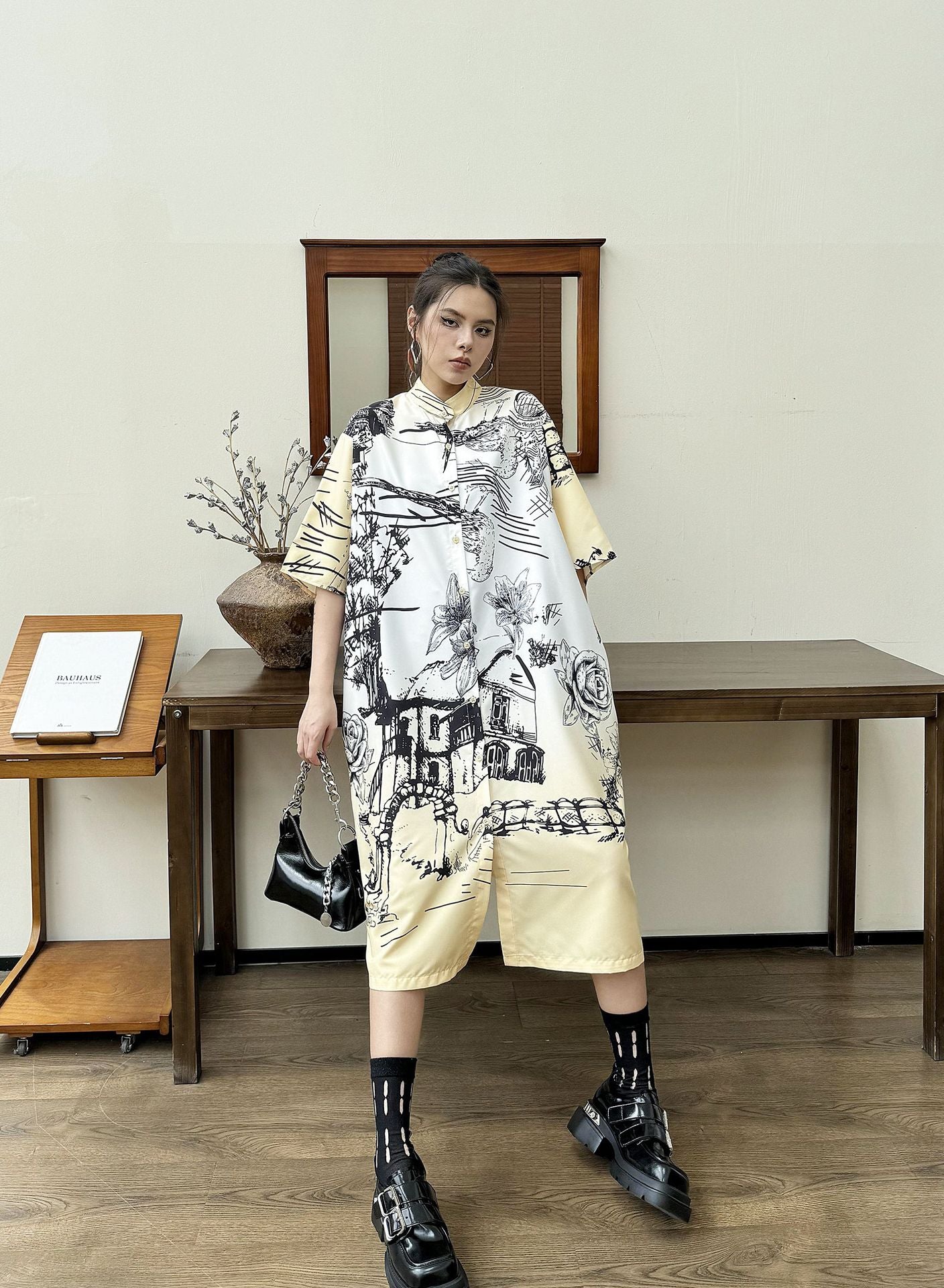 Scarf tie blouse and denim pants series 
