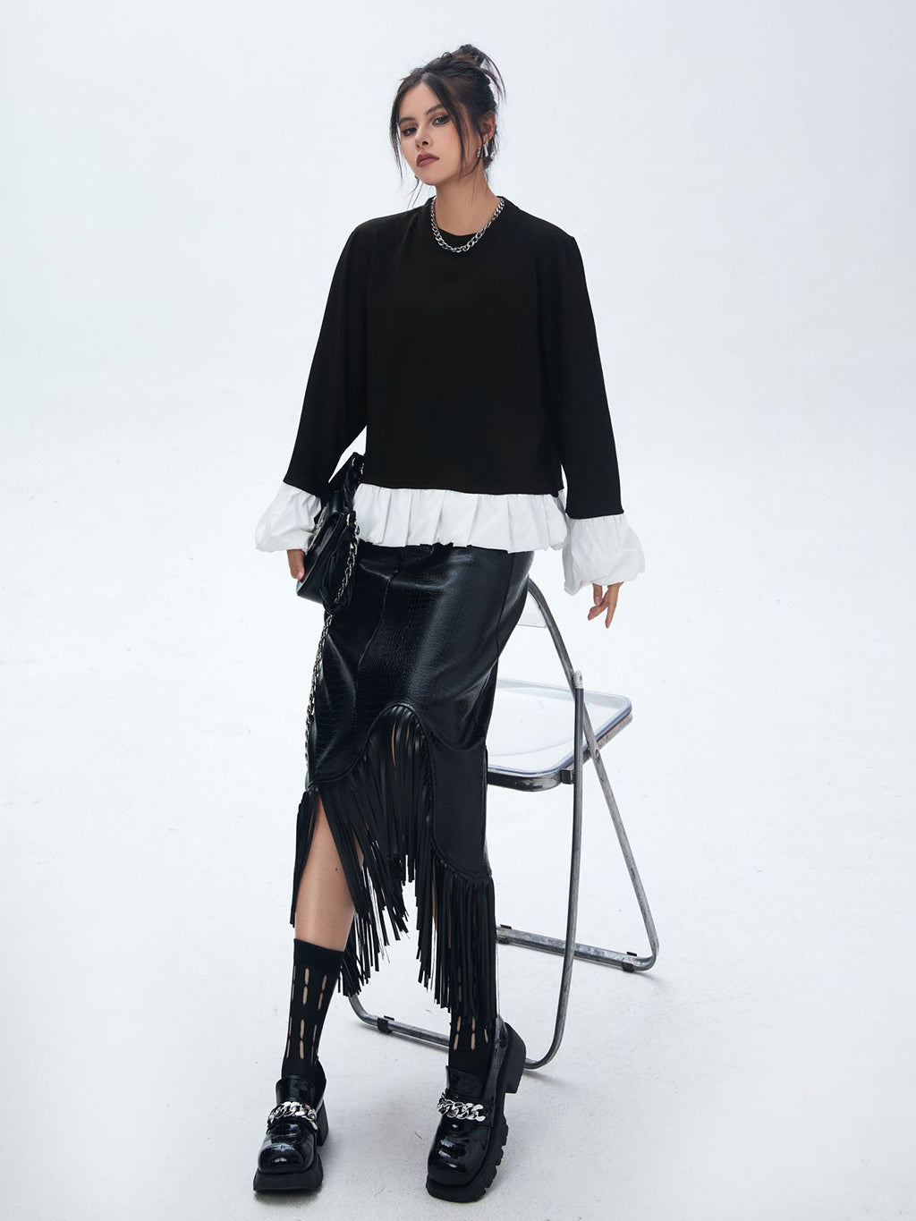 Frilled hem and cuff two-tone top 