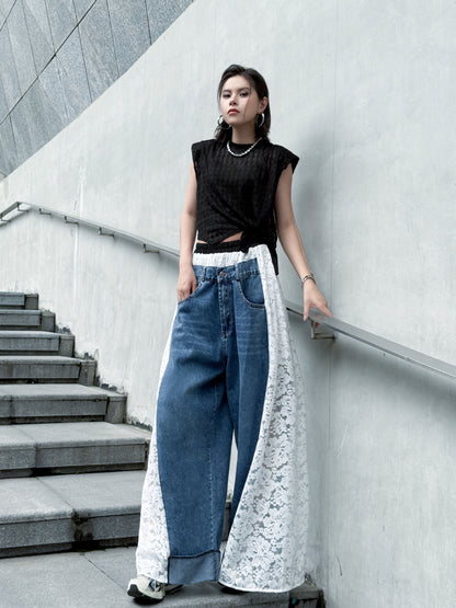 Lace-docking denim pants 