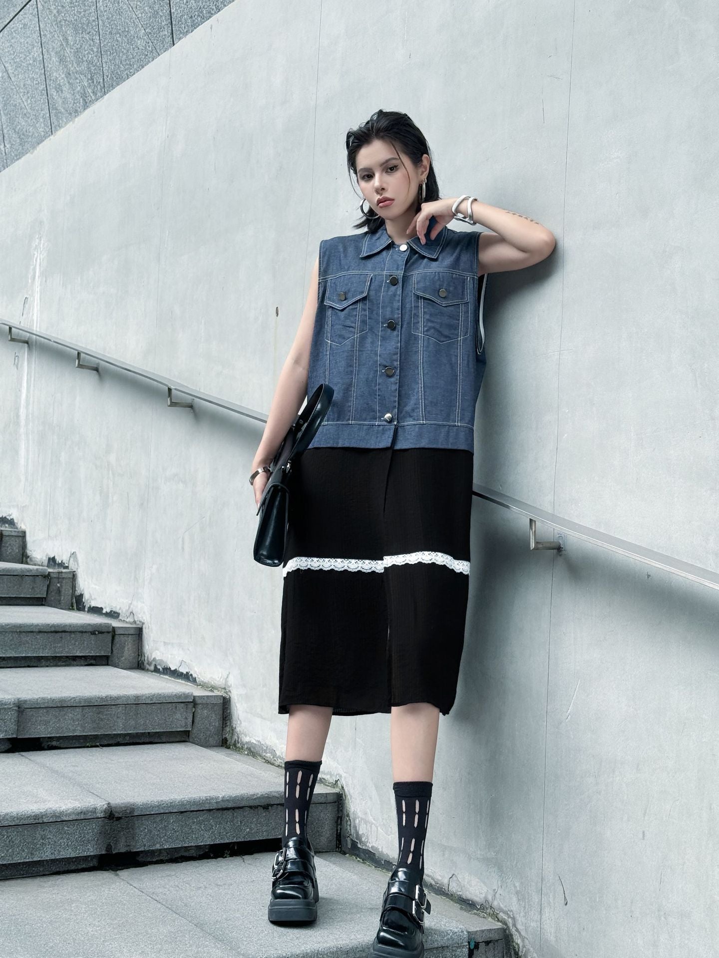 Scarf tie blouse and denim pants series 
