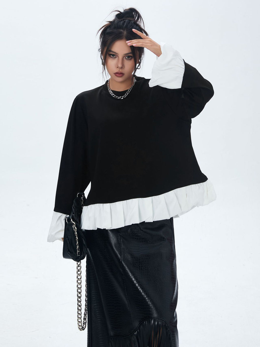 Frilled hem and cuff two-tone top 