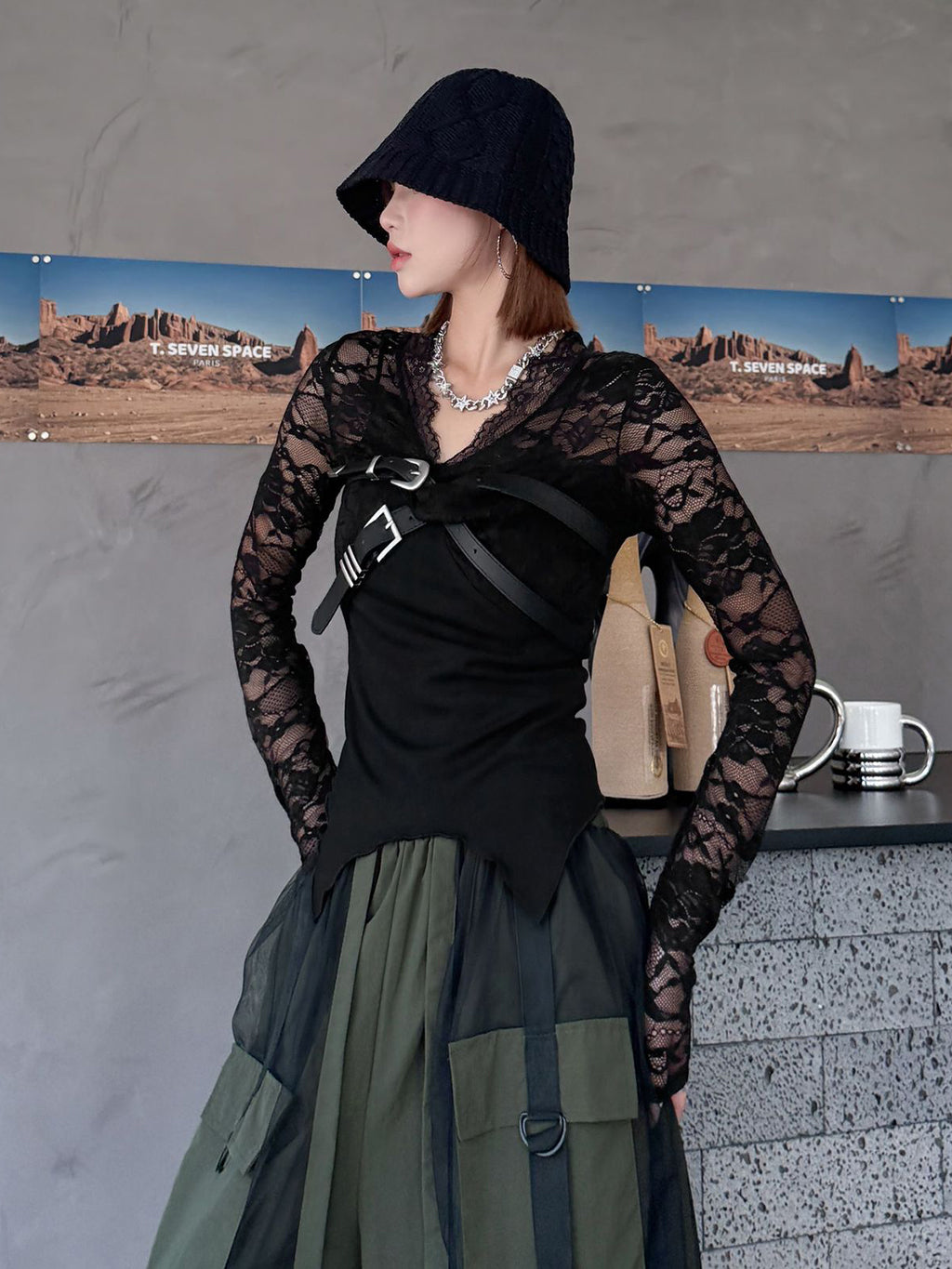 Belt Drape Lace Top 