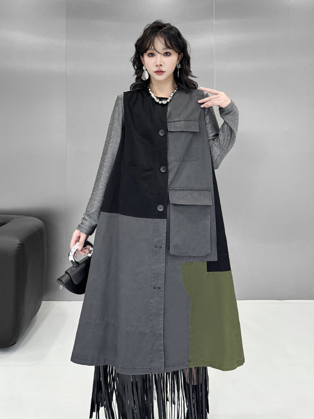 パッチワークロングジレドレス