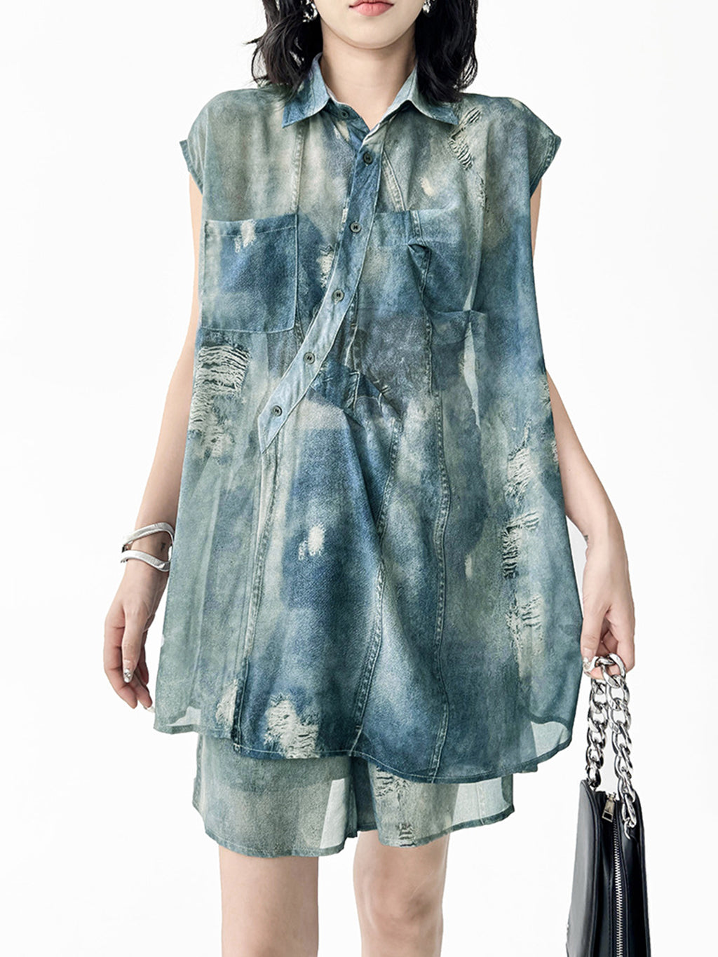 Sheer denim print blouse and shorts 