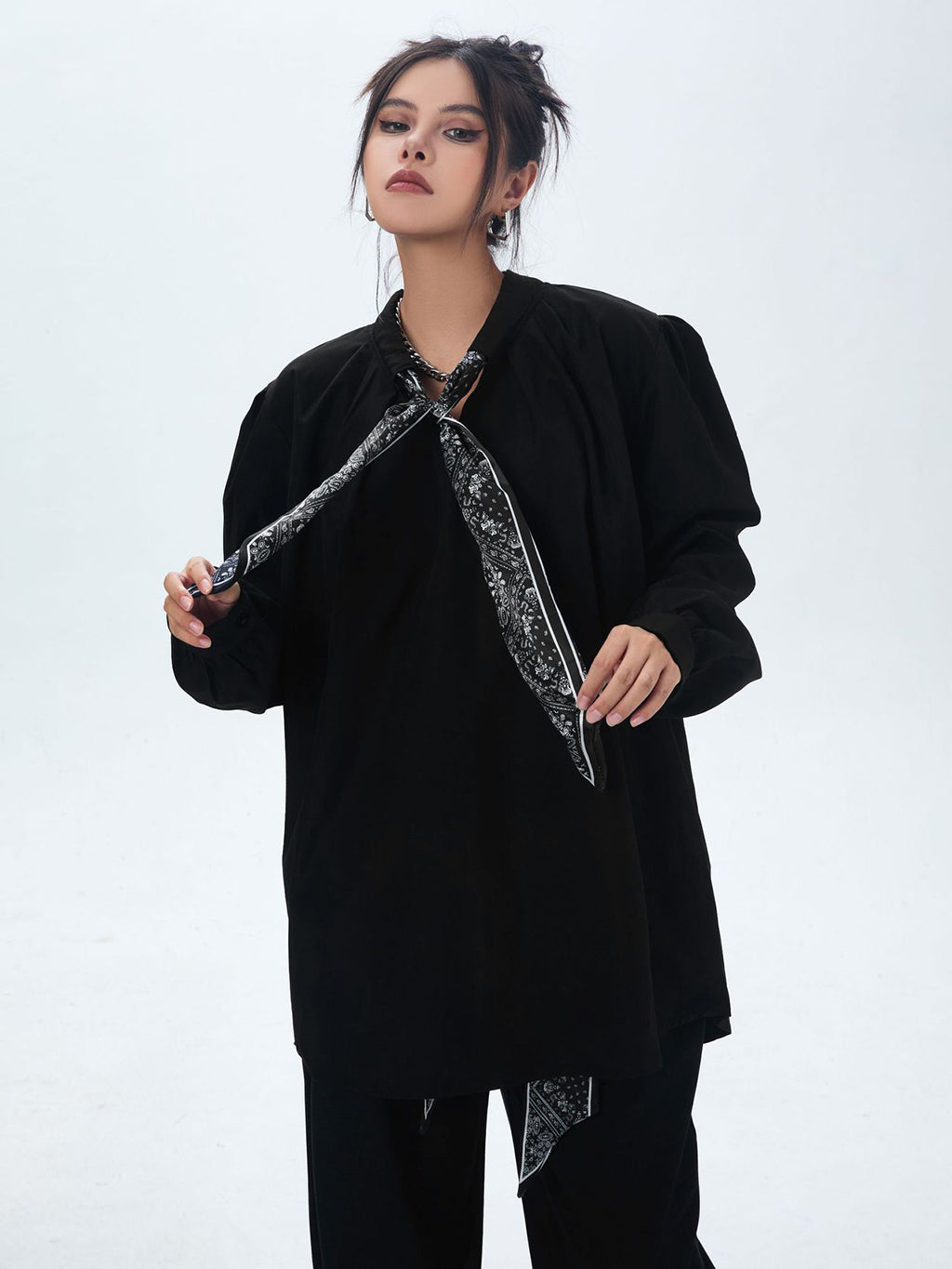 Scarf tie blouse and denim pants series 